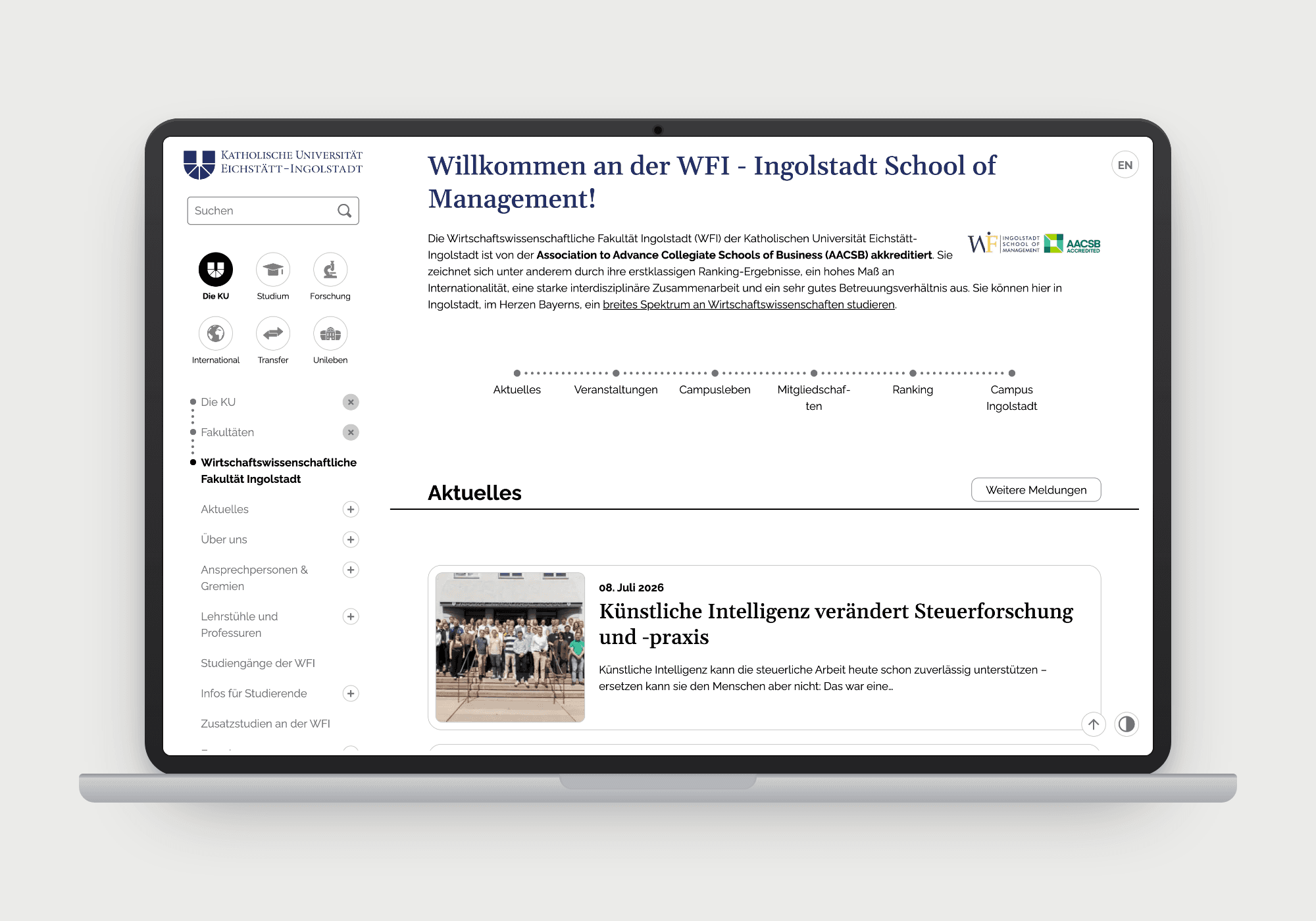 The WFI Ingolstadt School of Management website shown on a laptop.
